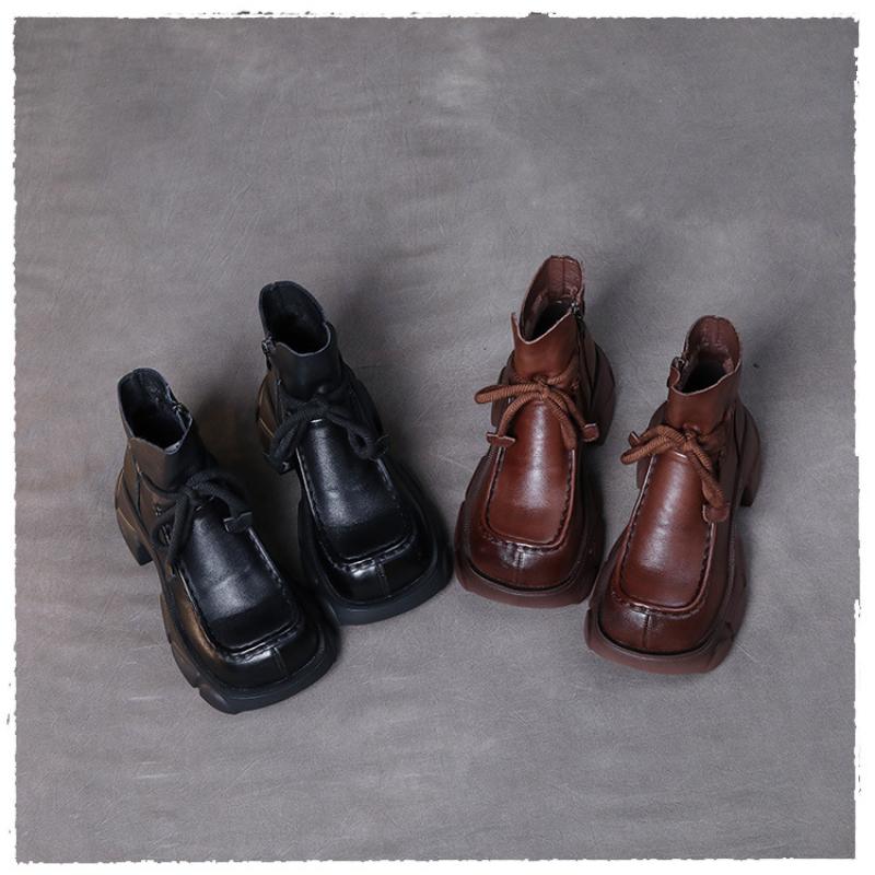 Johnature Retro Genuine Leather Platform Short Boots Women Shoes Thick Soled Square Toe Boots