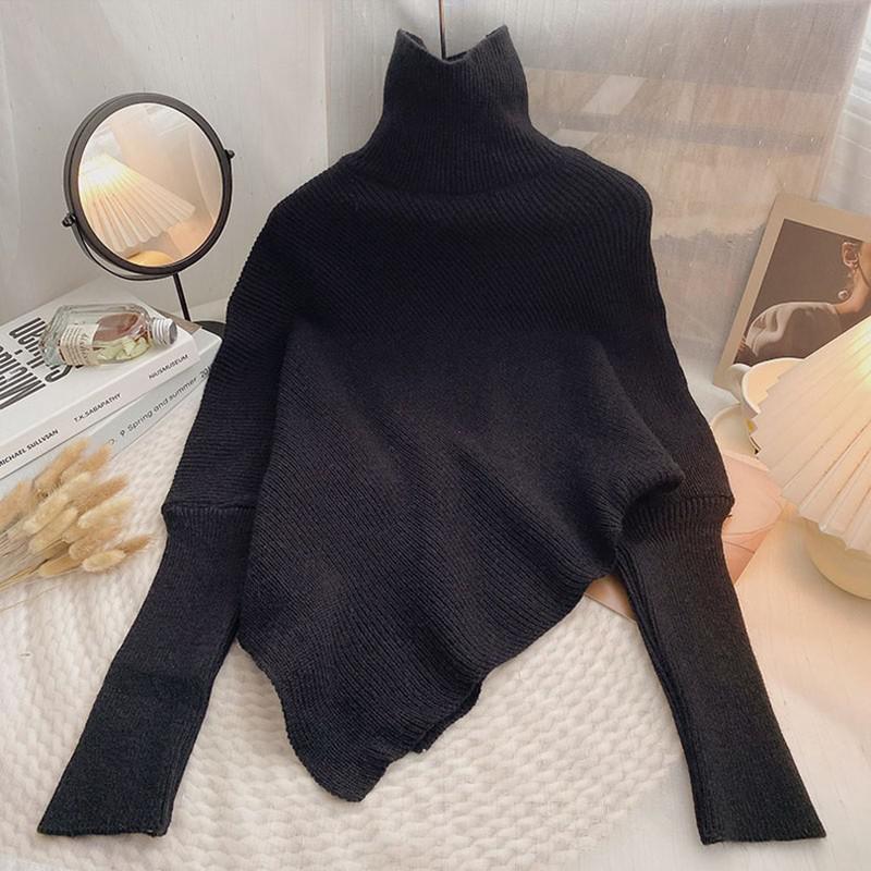 2024 Autumn Winter Women Fashion Irregular Loose Knit Sweater Vintage High Neck Long Sleeve Female Pullovers Chic Tops