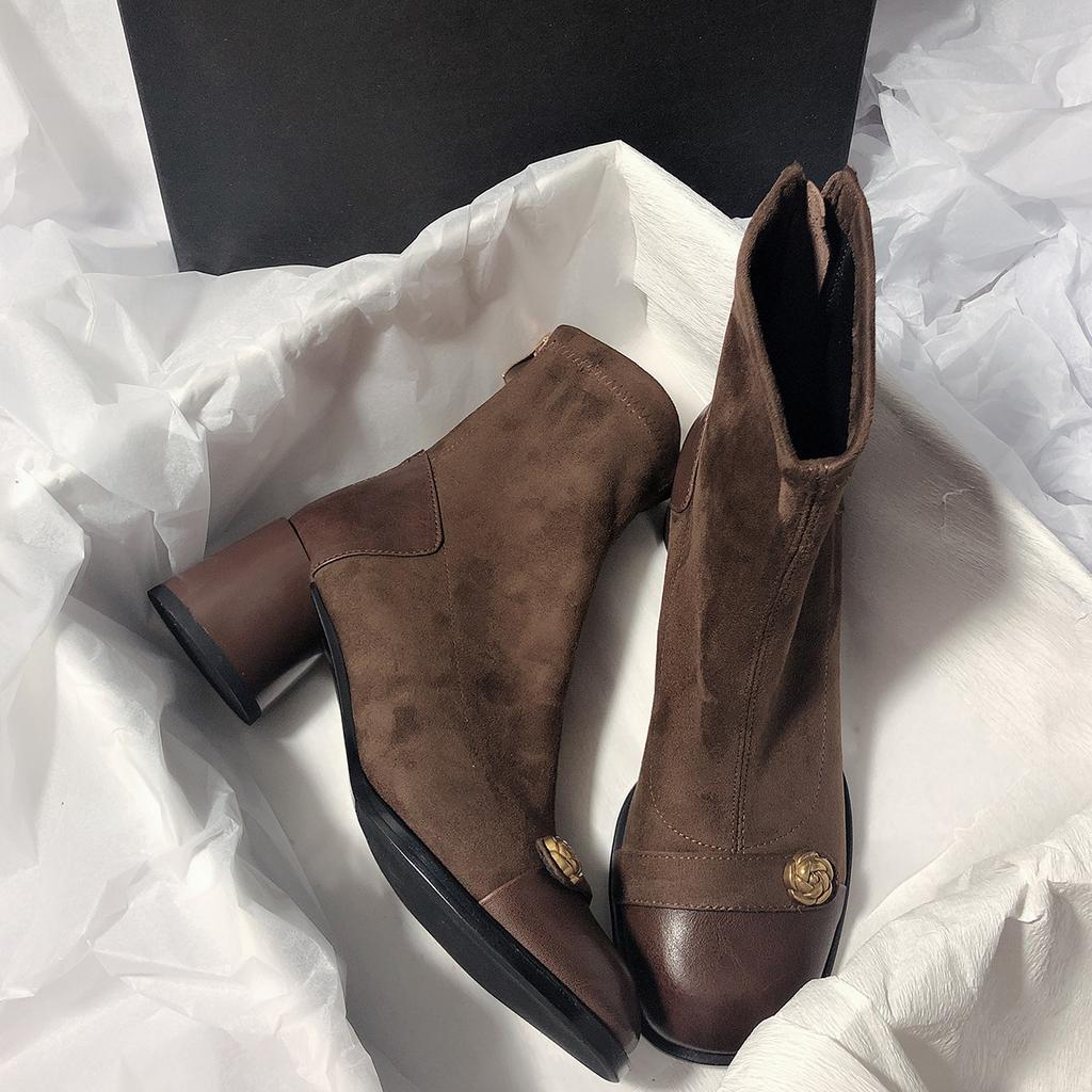 Short Tube Thick Heel Round Head Splicing Elastic High Heel Rear Zipper Women's Boots