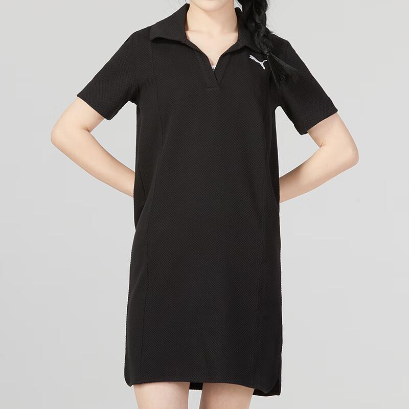 Puma Solid Color Casual Loose Minimalist Knitted Polo Short Sleeve Dress Women Dress Black 676658-01