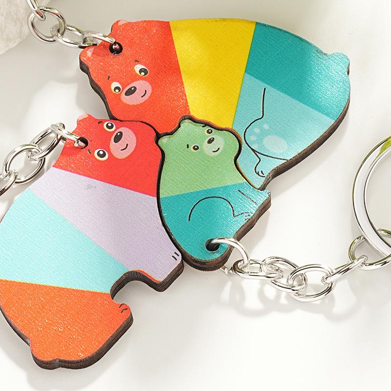 Cute Cartoon Animal Family Trio Wooden Puzzle Keychain Pendant