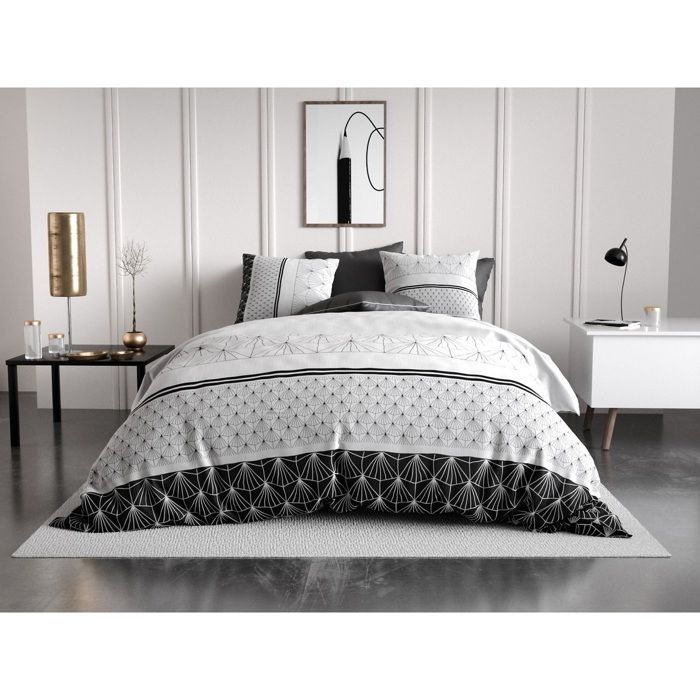 Parure De Lit - Housse Couette + 2 Taies - 260 X 240 Cm - Graphique Noir Et Blanc - 100% Coton Doux