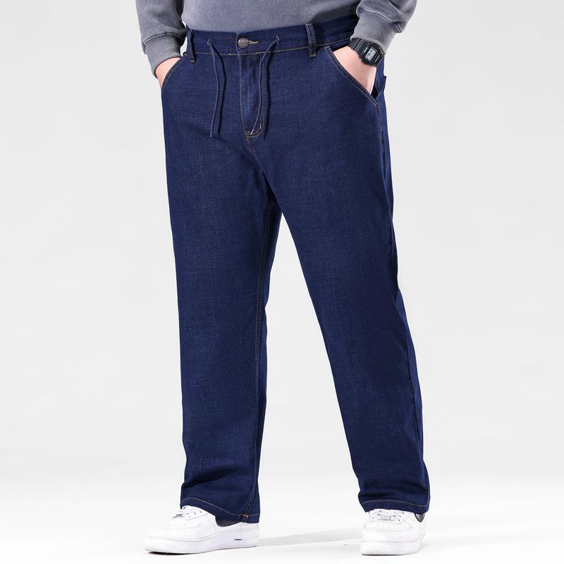 Fashion Plus Size Men's Jeans - Loose Straight-Leg Trousers High-Waisted, High-Stretch Long Trousers Blue Trousers