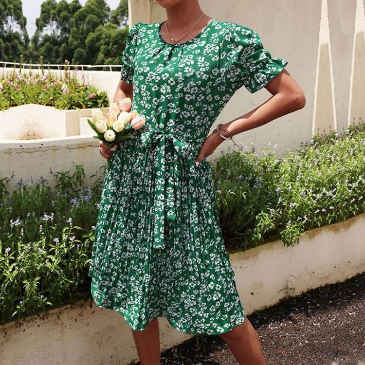 Women Summer Green Floral Print Pleated Dress Short Sleeve O Neck Lace Up