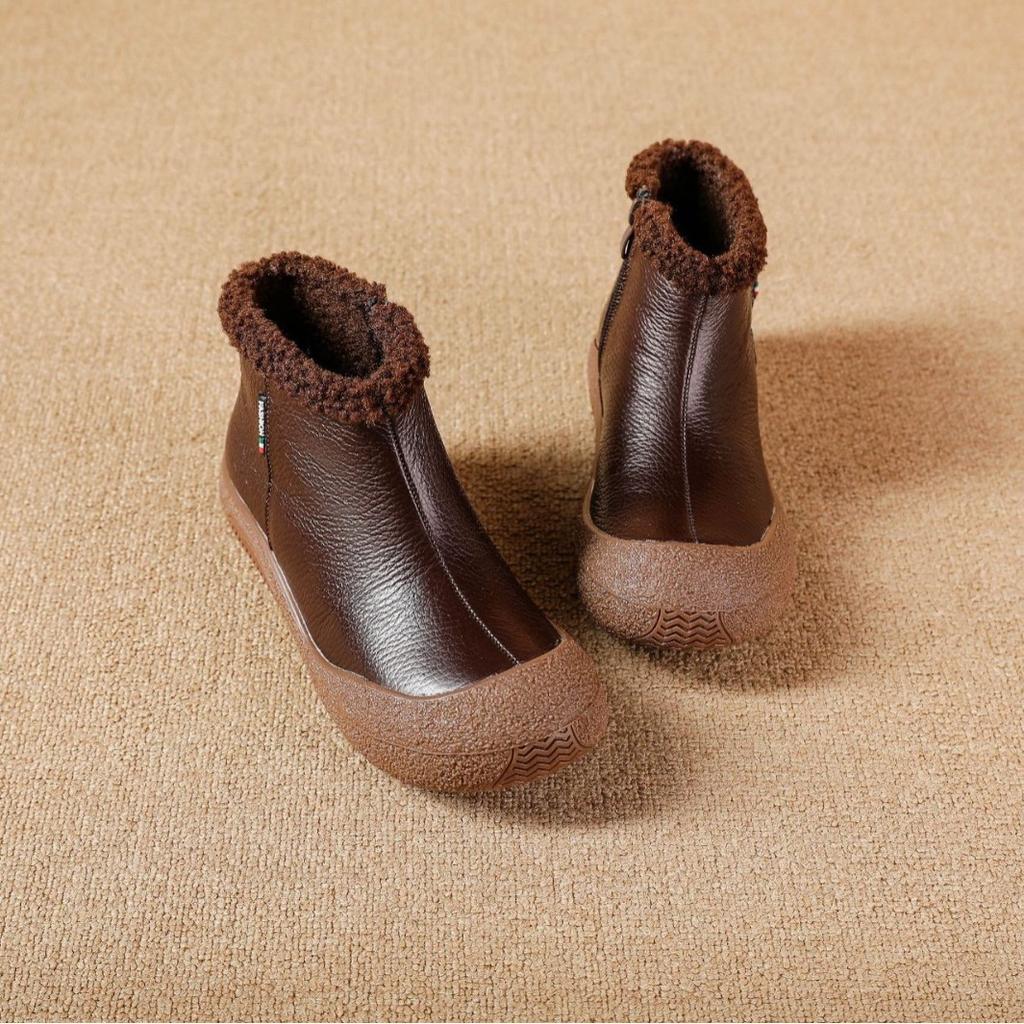 Genuine Leather Warm Cotton Boots Short Boots Toe Layer Cowhide Soft Bottom Soft Surface Winter Middle-aged and Old Anti-slip Wear-resistant