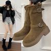 Leather~ Inner Heightening Retro Locomotive Martin Boots Women's Autumn Metal Buckle Rubbed Thick Heel Thick Bottom Western Pile Short Boots