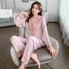 Sexy Lace V-Neck Home Clothes Ice Silk Pajamas Suit Women's Long-Sleeved Trousers 2PCS Solid Color Loose Casual Sleepwear