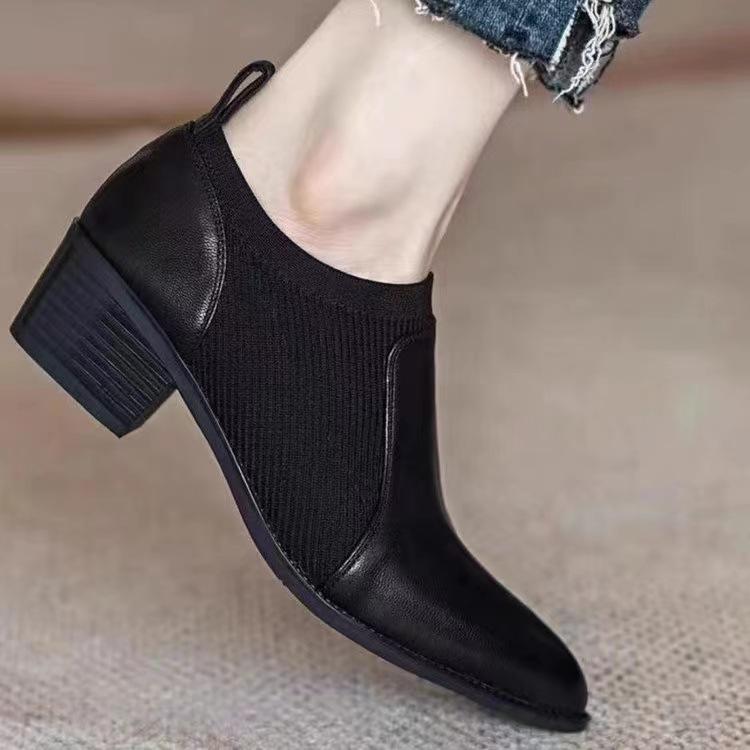 Thick Heel Bare Boots Women's 2025 Commuting Pointed Head Splicing Medium Heel Retro Deep Mouth One-pedal Women's Shoes