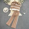 Fashion Striped Knitted Sweater 3 Piece Set Casual V-neck Single Breasted Coat Cardigans + Vest + Wide Leg Trousers Pant Three Piece Tracksuit