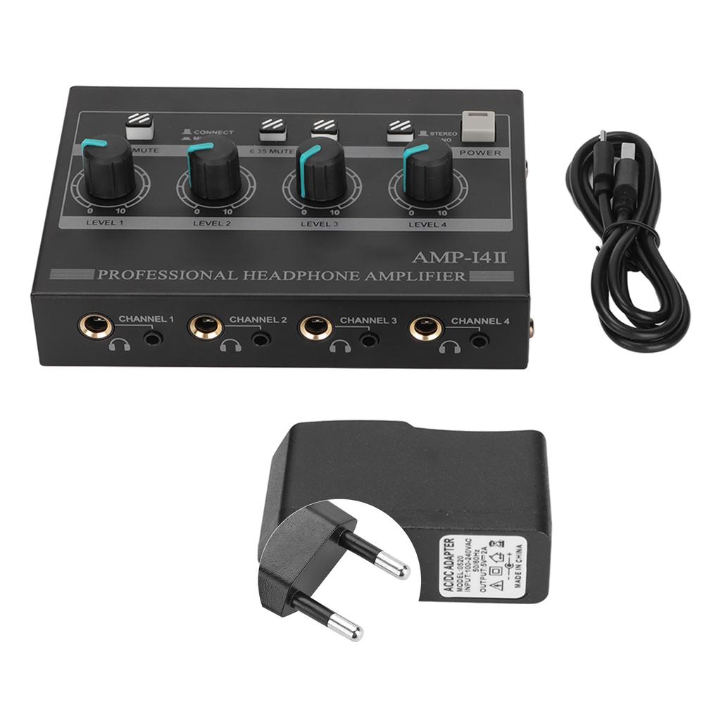 AMP?14II 4 Channel Headphone Amplifier Compact 4 Way Stereo Headphone Amplifier with 12V 2A Adaptor
