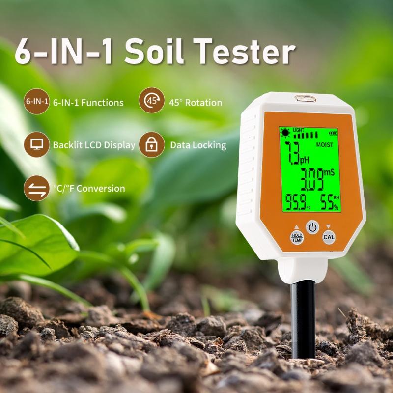 Yieryi 6-in-1 Soil Tester PH EC Moisture Sunlight Air Humidity Temp High Accuracy Conductivity PH Meter for Gardening Farming