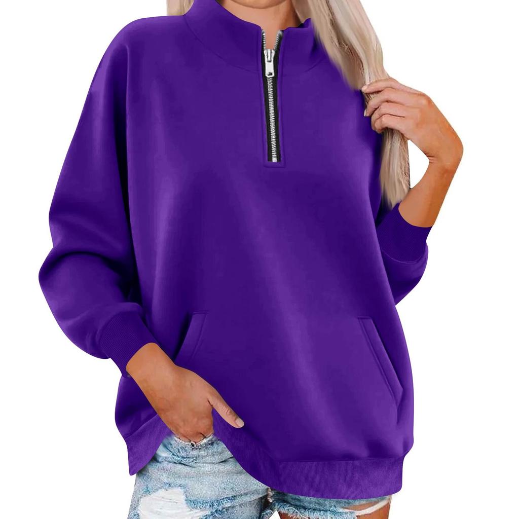 Women's Fashion Long Sleeve Loose Oversize Solid Color Half Zipper Neck Sweater Top With Pockets