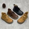 Retro Genuine Leather Short Boots Wide Toe Lace Up Cowhide Soft Sole Women's Boots
