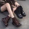 Versatile Genuine Leather Short Boots Retro Round Toe Thick Soled Women's Shoes