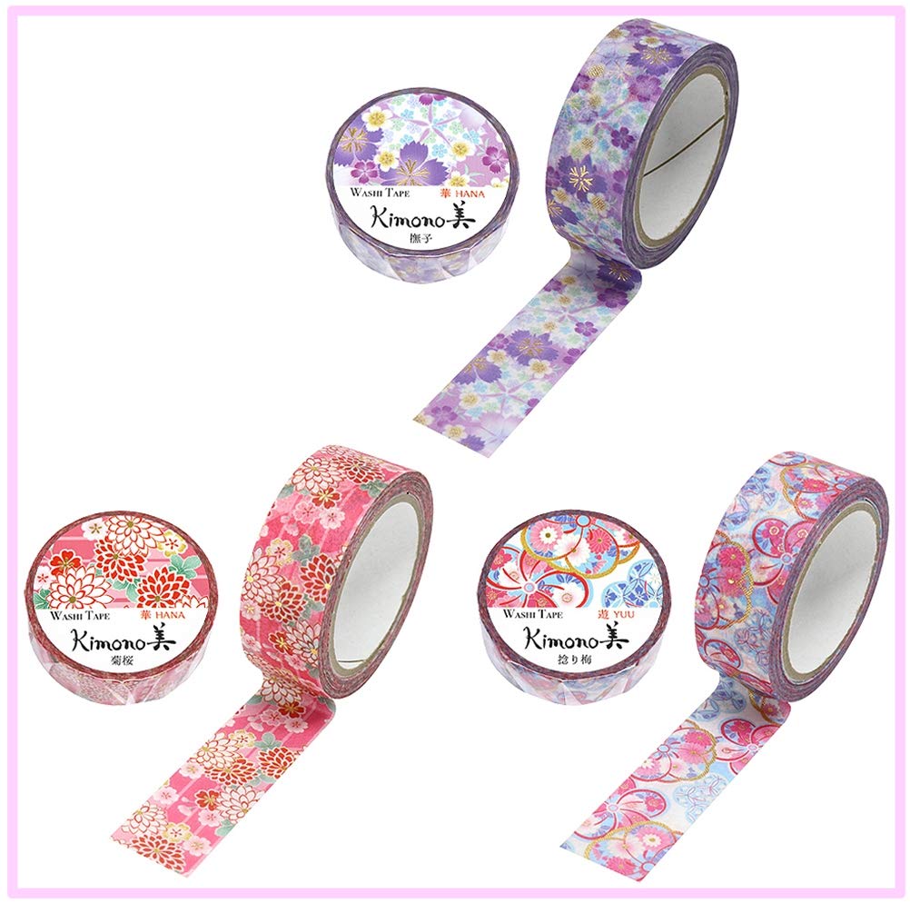 Kamiiso Sansho Washi Kimono Beauty Masking Set Cherry and Twisted Plum 15mm Wide X 7m Japanese-made Tape, 3-roll (Nadeshiko, Chrysanthemum, Blossom,