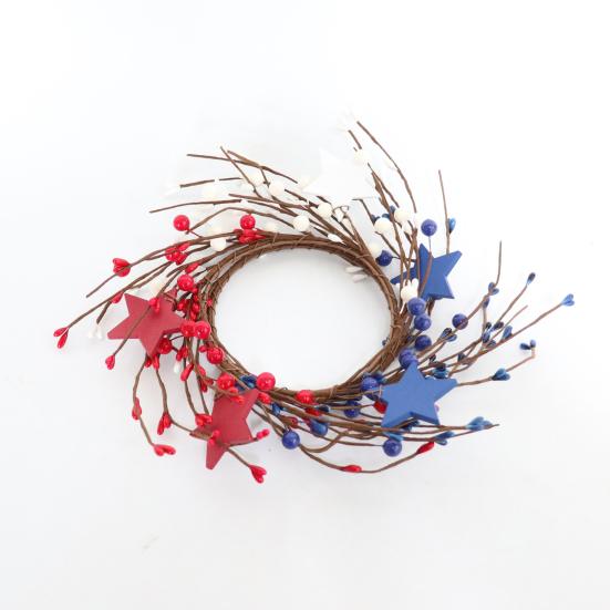 Patriotic Candle Ring Wreath Red White Blue Star Mixed Artificial Berry Candle Wreath Mini Pillar Candle Holder for 4th of July Tabletop Decor