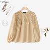Women Casual Mesh Patchwork Round Neck Loose Long Sleeve Blouse