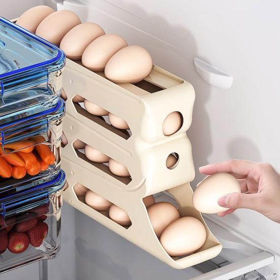 Fridge Egg Storage Box Four Tiers Automatic Rolling Large Capacity Space-Saving 30 Egg Organizer Refrigerator Side Door Egg Dispenser