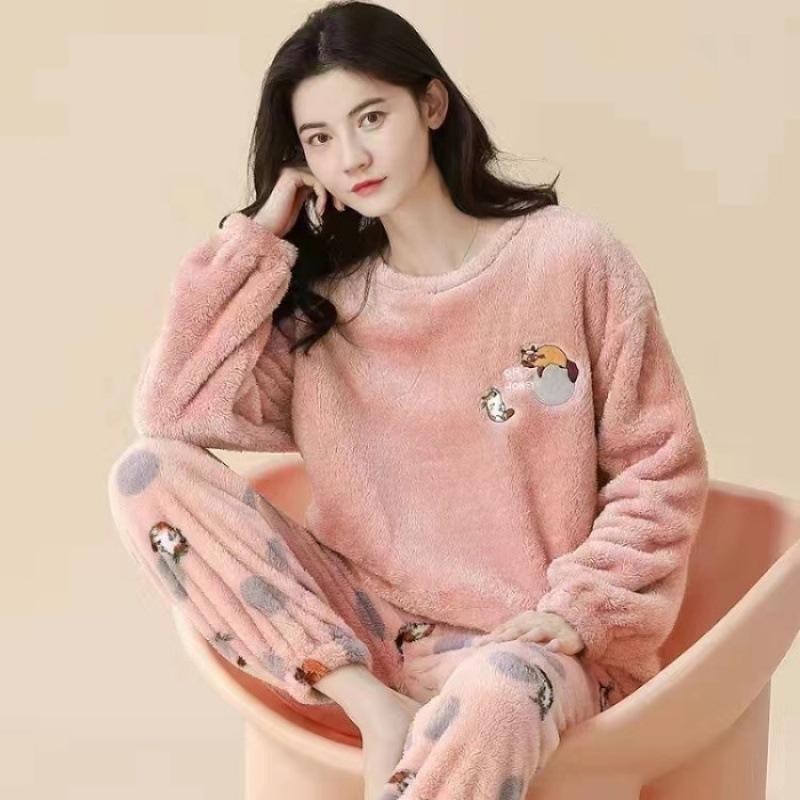 Warm Sleepwear for Winterthickened Warm Flannel Pajamas Student Long Sleeve Cartoon Ladies Loungewear Setpajamas Woman Offer