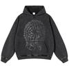 Streetwear Iron Wire Graphic Unisex Washed Black Oversized Unisex Long Sleeve Hoodie