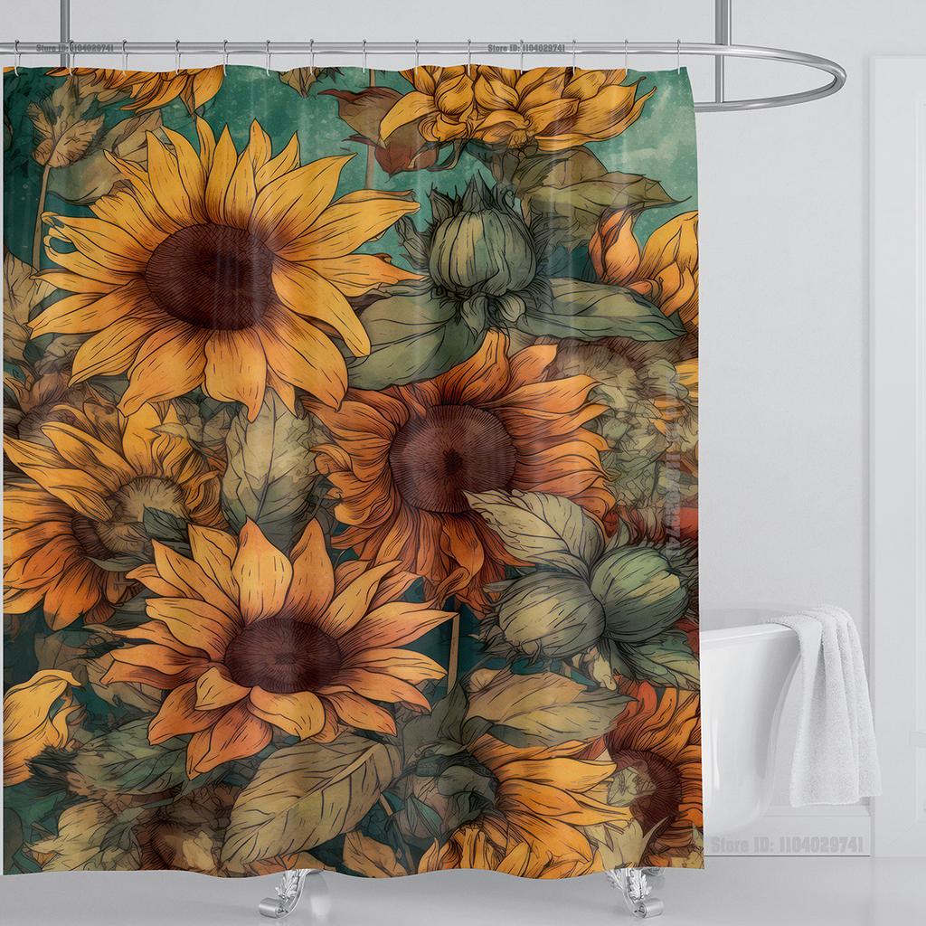 Sunflower Flower Shower Curtain Waterproof Shower Curtain Polyester Fabric 3D Printed Curtain Bathroom Decoration With Hooks