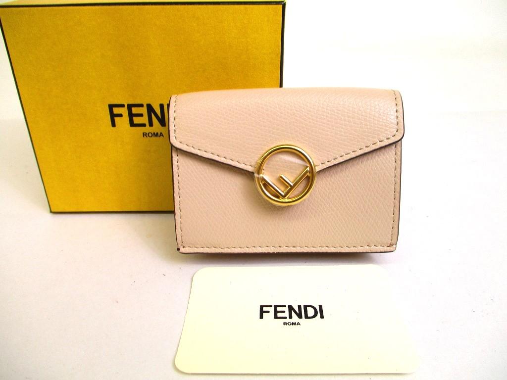 Authentic FENDI F IS FENDI FF Beige Leather Gold H/W Micro Trifold Wallet #a137 Refurbished