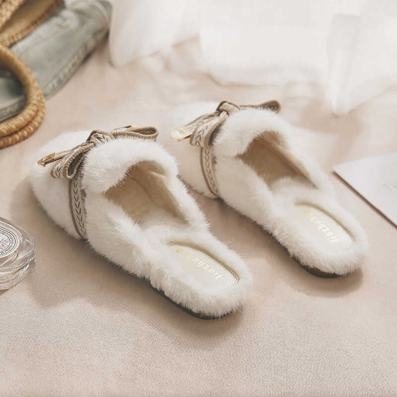 Flat Bottom Fluffy Slippers Women's Outer Wear Spring and Autumn Small Fragrant Wind 2024 New Non-slip Indoor Home Plush Bag Head Cotton Mop