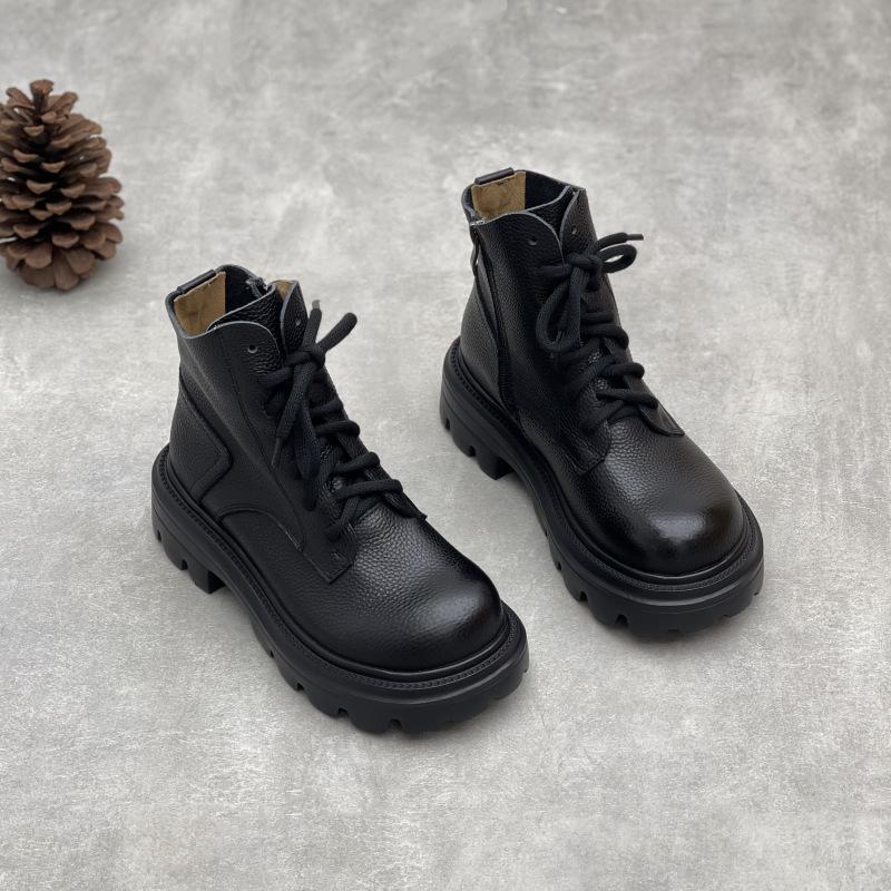 Johnature British Style Genuine Leather Thick Soled Short Boots Versatile Women's Shoes