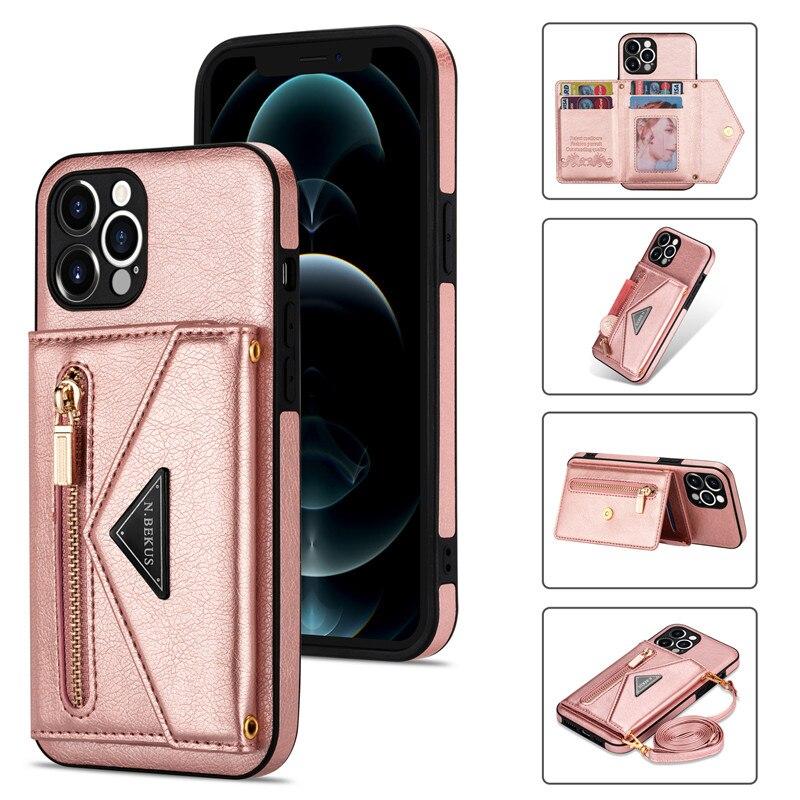 Lanyard Zipper Wallet Phone Case For iPhone 17 Pro Max 16 Plus 15 14 13 12 11 X XS XR 8 Samsung S25 Ultra S24 FE S22 S21 S20 Leather Purse Card Cover