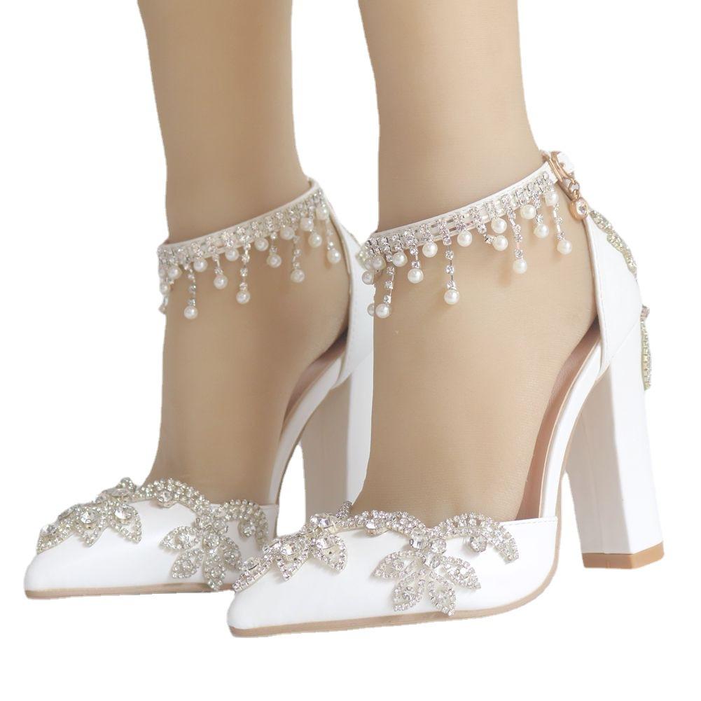New White Pointed Crystal Wedding Shoes Thick Heels Super High Heels Bridal Shoes One-line Buckles Tassel Rhinestone Women's Sandals