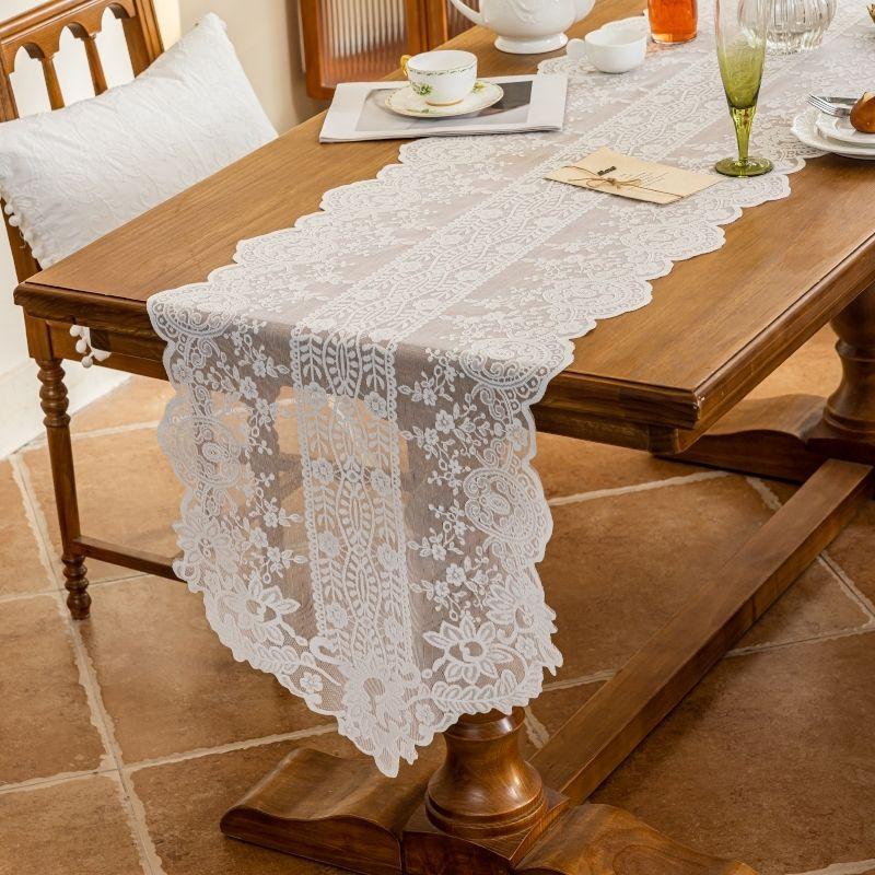 Elegant White Lace Table Runner with Floral Embroidery Tablecloth for Dresser, Kitchen, Wedding Banquet, Coffee Table, Fireplace, Dining