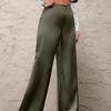 Women Pants Mid-rise Solid Color Loose Fit Wide Leg Design Long Trousers Smooth Satin Casual Trousers Daily Wear