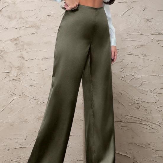 Women Pants Mid-rise Solid Color Loose Fit Wide Leg Design Long Trousers Smooth Satin Casual Trousers Daily Wear