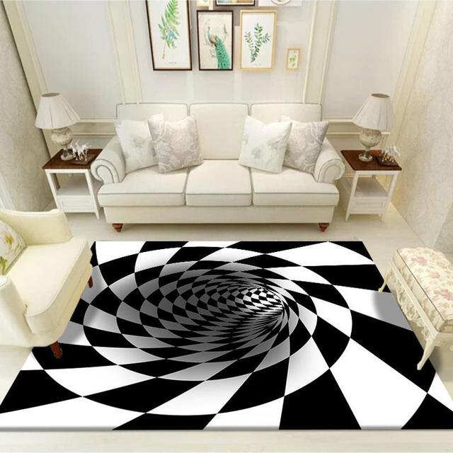Trap Effect Vortex Illusion Rug Bottomless Hole Carpet Geometric Black White Grid Bedroom Living Room Anti Slip Floor Mats