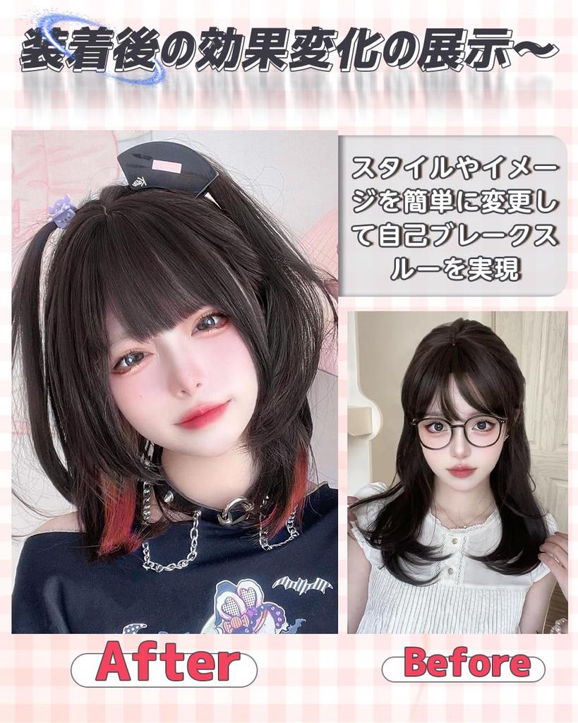 Vigorous Black Full Heat Small Everyday With Wig, Semi-Long, Medium, Hair/Pink, Crossdressing, Wig, Resistant, Natural, Cute, Face, Wig, Net,