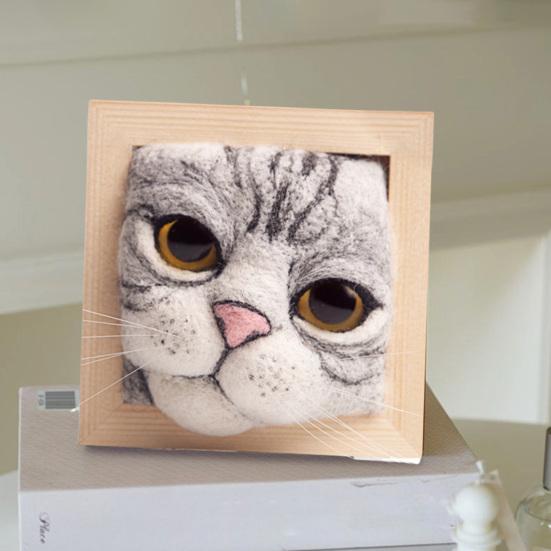 Photo Frame Ornaments with Shaping Base Wool Felt Interactive Lovely Cat Head Doll Knitting Kit Household Supplies