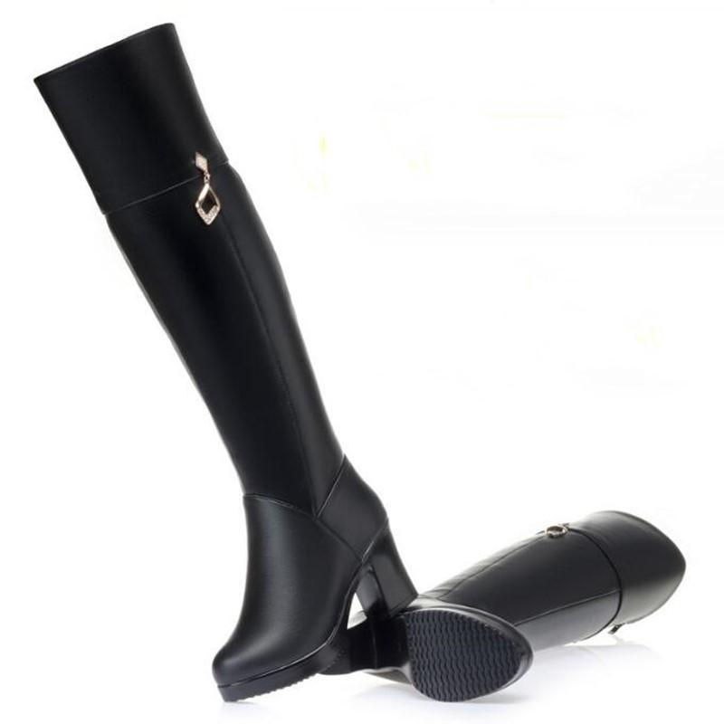 Women's Over The Knee Boots Natural Wool Genuine Leather Women Winter Boots Warm High-heel Women Motorcycle Boots
