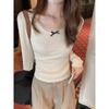 French U-neck Collarbone Exposed Sexy Long-sleeved Bottoming Shirt for Women with Bow Lace Splicing Slim Autumn and Winter Inner Top