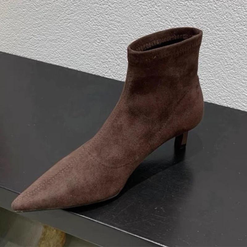 Suede Pointed Toe Women Ankle Boots Mid Heels Stilettos Shoes Woman 2025 Trend Winter Fashion Elegant Sexy Chelsea Botas Female