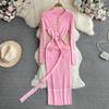 Women Knitted Sweater Sheath Dress Autumn Winter Elegant Office Lady Bodycon Long Midi Dresses With Belt