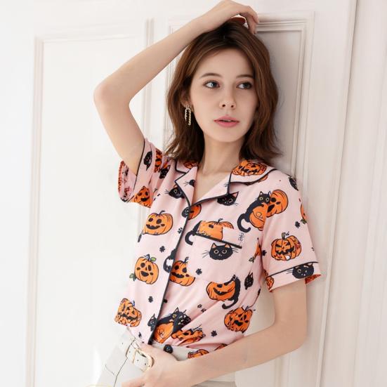 Halloween Pajama Sets for Women Button Down Short Sleeve 2 Piece Sleepwear Pumpkin Print Shirts And Shorts Pjs Lounge Set