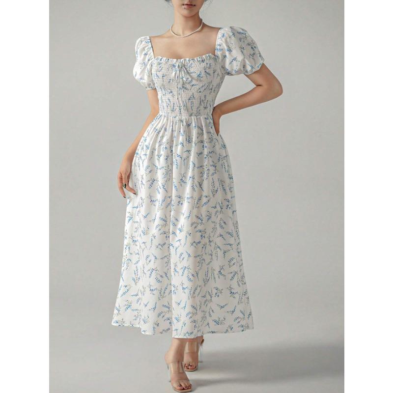 Summer New Style Square Collar Type A Printed Ladies Elegant Long Skirt