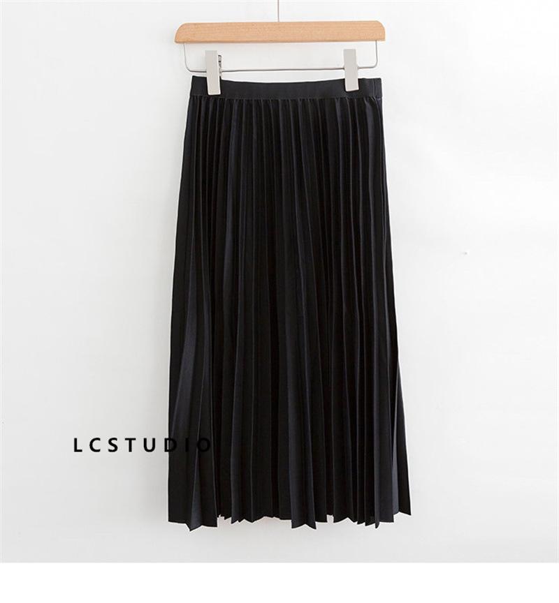Qooth Elegant A Line Pleated Skirt Spring Summer Long Skirt Women Casual High Waisted Maxi Skirts JM0001