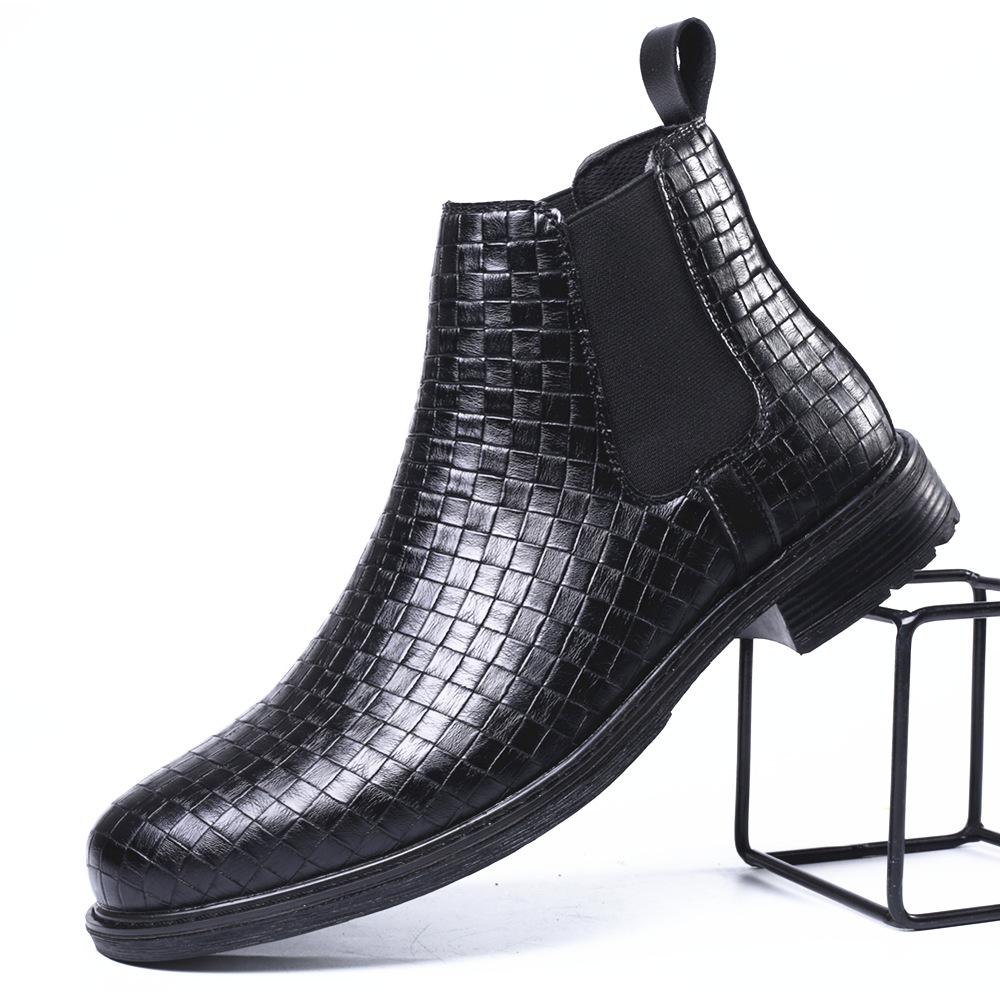 New Men's Woven Pattern Handmade Elastic Sleeve High Top Leather Boots for Casual Business and Fashion Chelsea Leather Boots