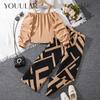 2024 Autumn New Girls 6-12 Years Old Suspender One Shoulder Long Sleeve Top Suit 2 Pcs