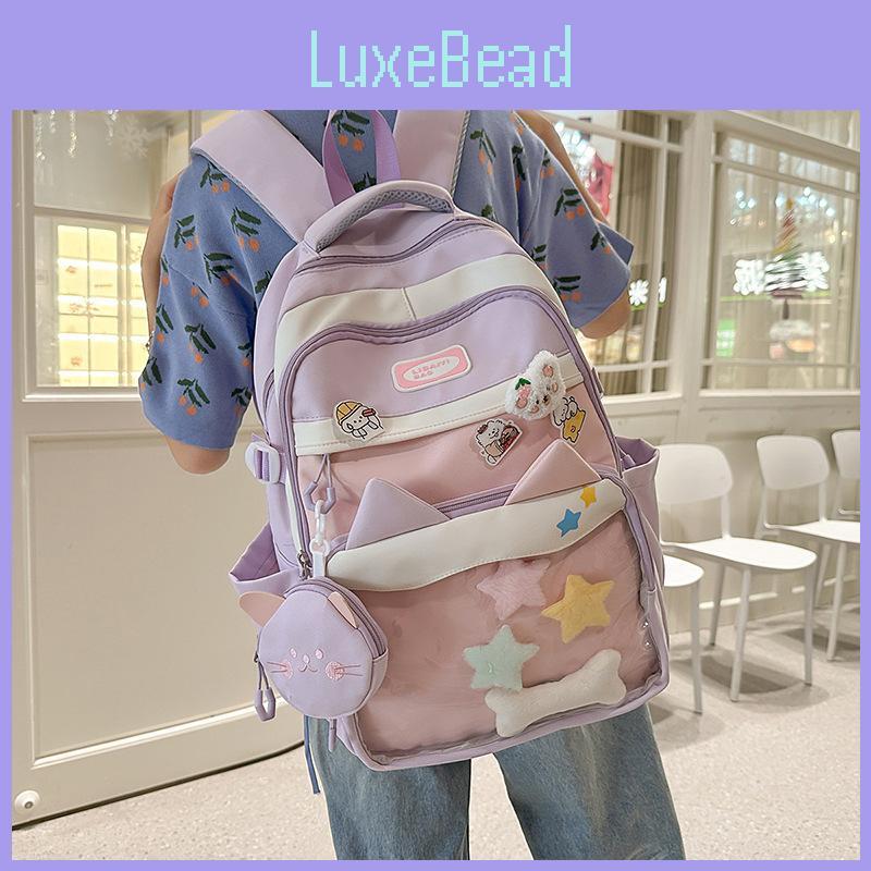 Blocked Color Fashion Cat Ear Design Student Backpack With Pendant Badge And