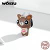 WOSTU Enamel Cartoon Cute Deer 925 Sterling Silver Charm Beads Fit Bracelet Bangle Fine Jewelry