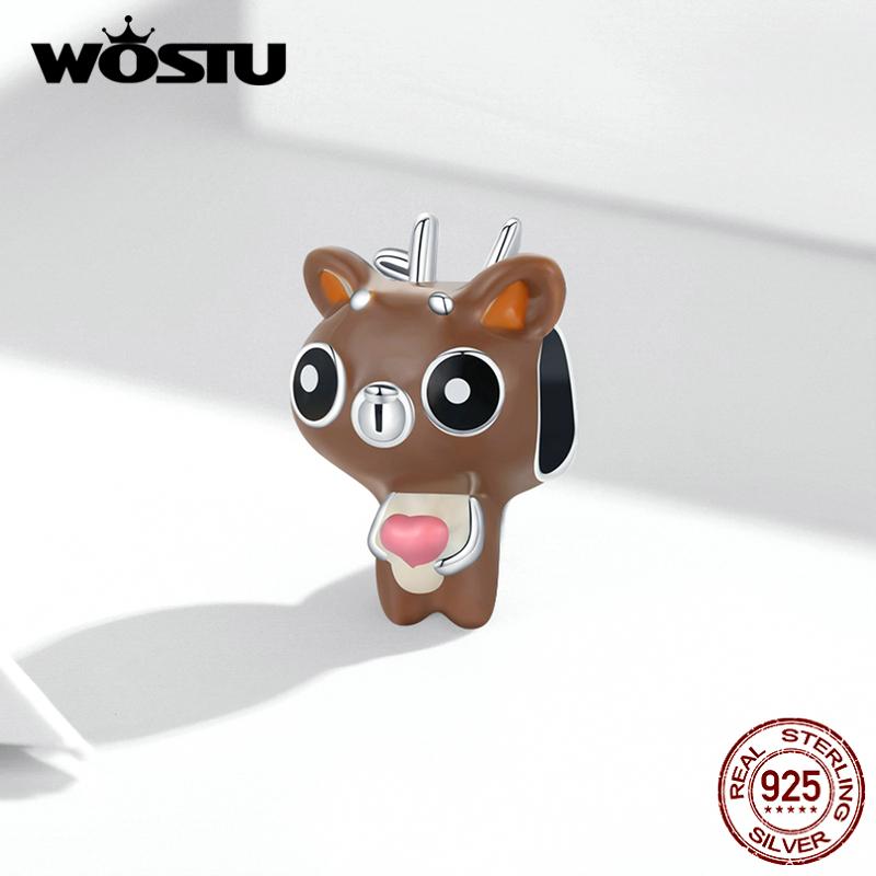 WOSTU Enamel Cartoon Cute Deer 925 Sterling Silver Charm Beads Fit Bracelet Bangle Fine Jewelry