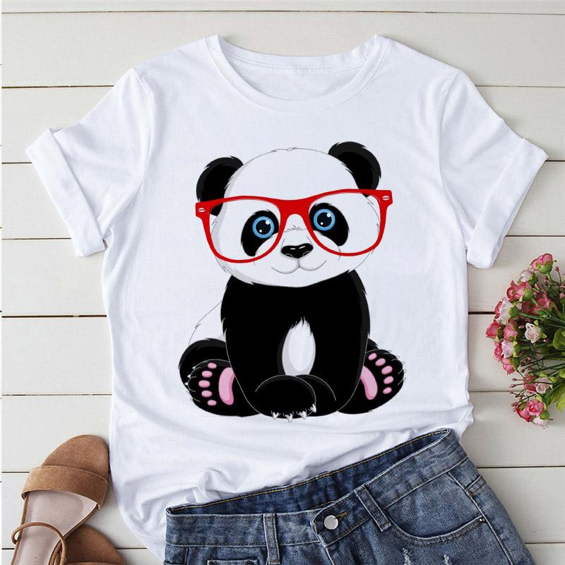 Aesthetics Cute Panda Print Women Basic Tees Cartoon Top O-Neck Simple Tee Short Sleeve T-Shirt Ladies Tees Graphic White Tshirt