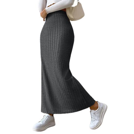 Women Skirt High Waist Knitted Elastic Thick Warm Ankle Length Striped Slim Fit Split Hem Soft Sheath Maxi Skirt